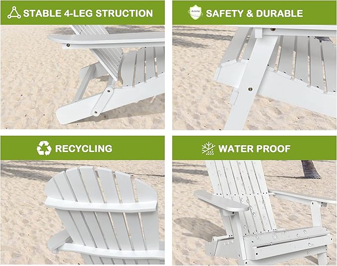 Foldable Adirondack Chairs - All-Weather Lawn & Patio Chairs with Wide Armrests, Solid Wood, 350 Lbs, White - Photo 4