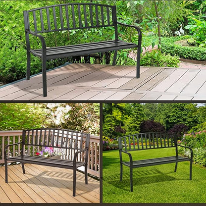 Tangkula 50 Inch Outdoor Steel Garden Bench Park Bench, Patio Chair Garden Bench with High Back & Rustproof Armrests, Ideal Bench for Lawn, Yard, Porch, Deck & Poolside