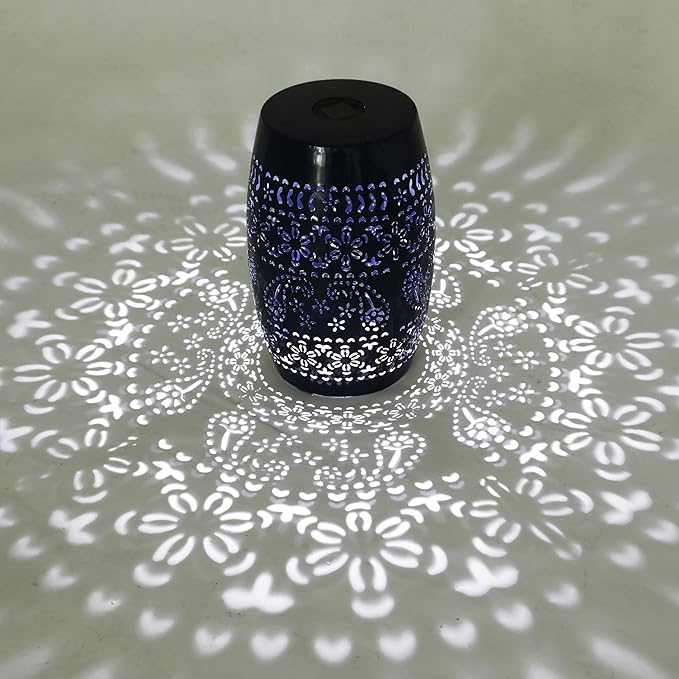 Christopher Knight Home Patio Side Table with Solar Powered Light, Outdoor Metal Coffee Table, Lace Cut Iron End Table, Patio Garden Stool with Cutout Design for Patio or Balcony, Blue