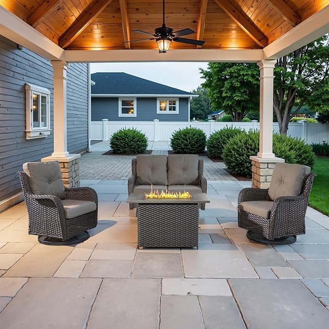 Belord 4 Piece Patio Wicker Furniture Set, Outdoor Swivel Rocker Chairs, All Weather Outdoor Patio Loveseat Set with Fire Pit Table for Deck Porch, Brown Wicker/Gray