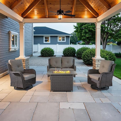 Belord 4 Piece Patio Wicker Furniture Set, Outdoor Swivel Rocker Chairs, All Weather Outdoor Patio Loveseat Set with Fire Pit Table for Deck Porch, Brown Wicker/Gray
