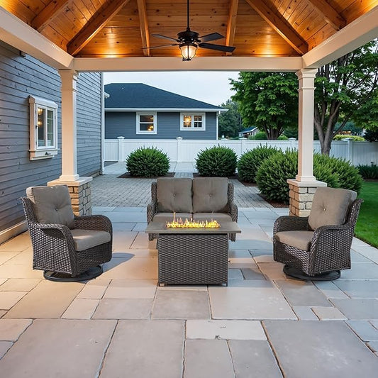 Belord 4 Piece Patio Wicker Furniture Set, Outdoor Swivel Rocker Chairs, All Weather Outdoor Patio Loveseat Set with Fire Pit Table for Deck Porch, Brown Wicker/Gray