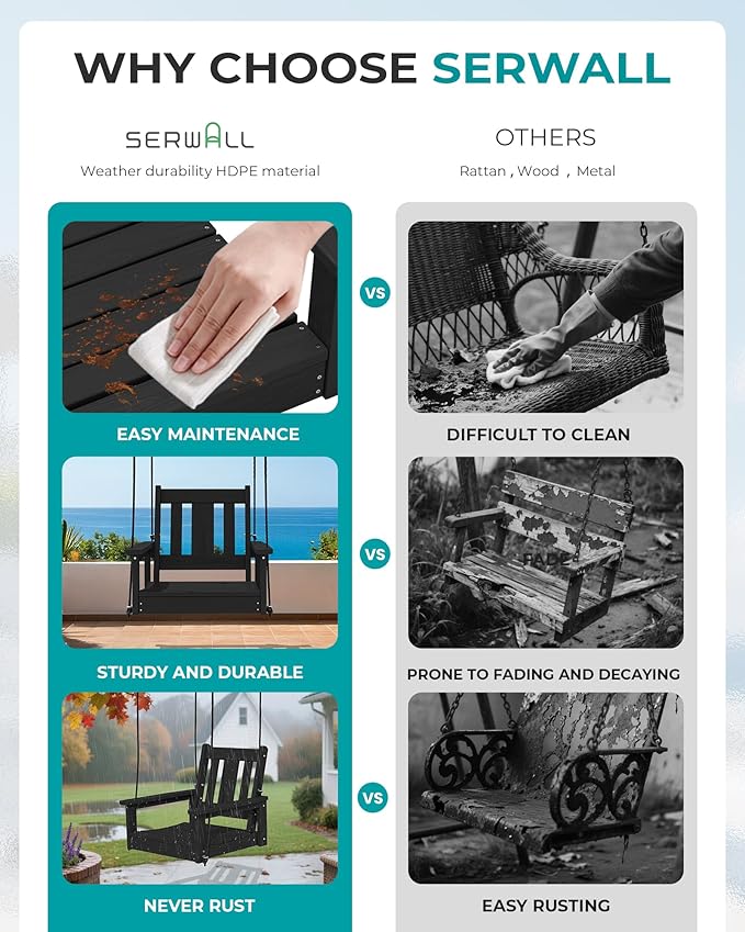 SERWALL HDPE Single Porch Swing Set of 2, Heavy Duty Single Person Swing Chair with 2 Polypropylene Hanging Ropes - Photo 4