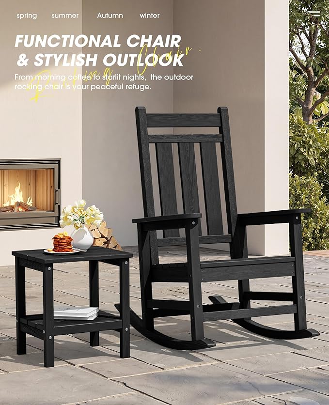 KINGYES Oversized Outdoor Rocking Chair Set of 4, All-Weather Patio Rocking Chairs for Porch, HDPE Outdoor Patio Rockers with High Back & Wide Seat for Garden, Lawn, Black