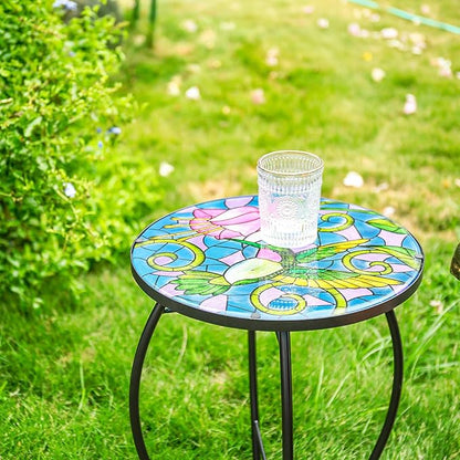 VCUTEKA Mosaic Patio Side Table Outdoor Accent Table Bistro Coffee Table Plant End Table Small Porch Table Indoor Round Glass Balcony Hummingbird Plant Table Stands