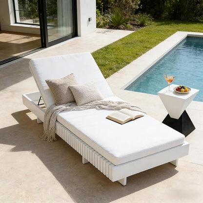 Christopher Knight Home Habery Acacia Wood Chaise Lounge Chair Outdoor with Cushion, Solid Wood Patio Chaise Lounge, Poolside Sun Lounger, Adjustable Backrest Sunbathing Chair, White+Cream