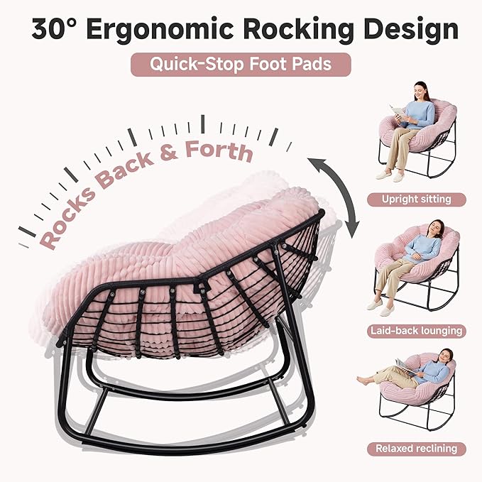 Indoor Rocking Chair, Oversized Outdoor Lounge Chair with Thick Corduroy Cushion & Straps, Wicker Modern Comfy Rocker Egg Chair for Living Room, Bedroom, Porch and Courtyard, Pink