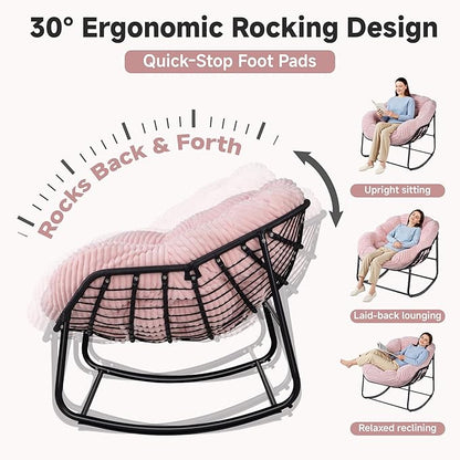 Indoor Rocking Chair, Oversized Outdoor Lounge Chair with Thick Corduroy Cushion & Straps, Wicker Modern Comfy Rocker Egg Chair for Living Room, Bedroom, Porch and Courtyard, Pink