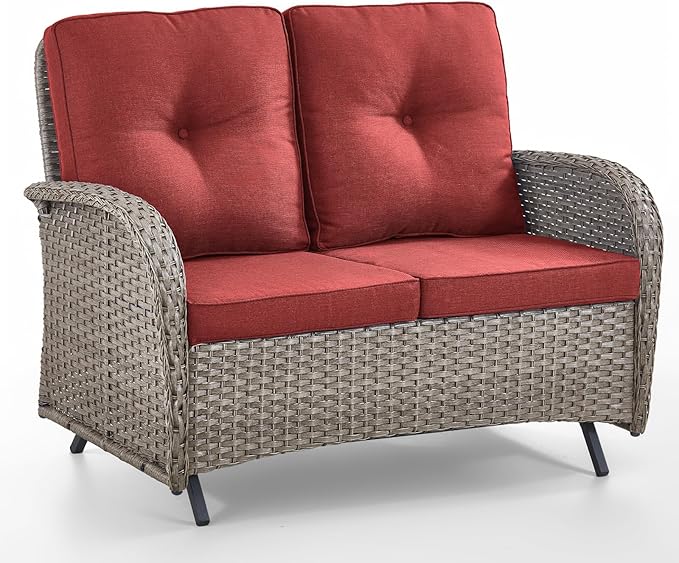 Outdoor Glider Bench-2 Seater Patio Glider Loveseat with High Back and Deep Seating Outdoor Couch for Deck Porch Garden Balcony Poolside-Grey/Red