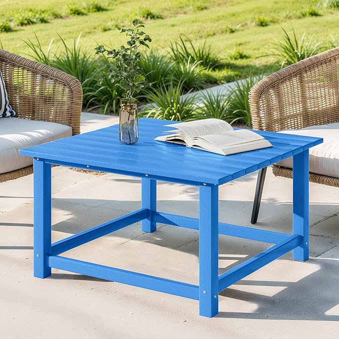 Costaelm Patio Conversation Table, Tatio Accent HDPE Outdoor Weather Resistant, Square Outdoor Porch Balcony Patio Drink Table for Outside, Pool, Backyard, Pacific Blue