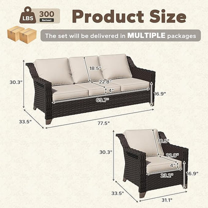 5 Pieces Patio Conversation Furniture Set - 1 Sofa, 4 Armchairs, Outdoor Wicker Furniture with Removable Cushions for Porch, Balcony, Sunroom (Beige)