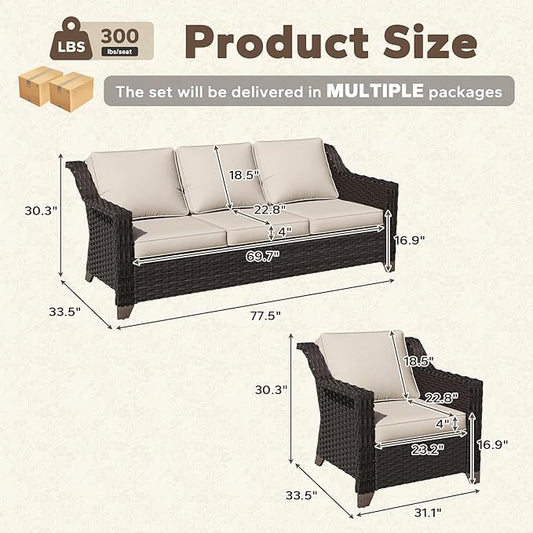 5 Pieces Patio Conversation Furniture Set - 1 Sofa, 4 Armchairs, Outdoor Wicker Furniture with Removable Cushions for Porch, Balcony, Sunroom (Beige)