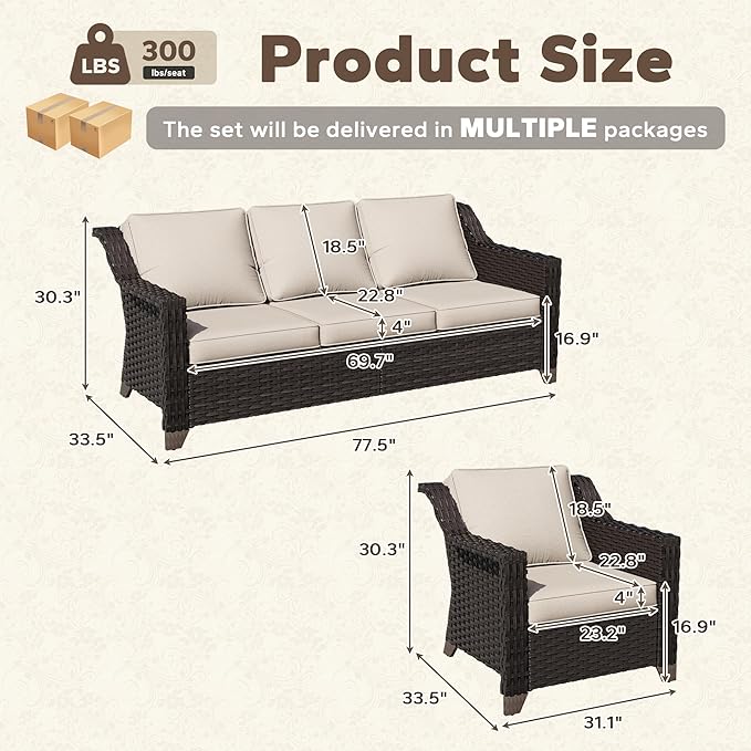 3 Pieces Patio Conversation Furniture Set - 1 Sofa, 2 Armchairs - Photo 2