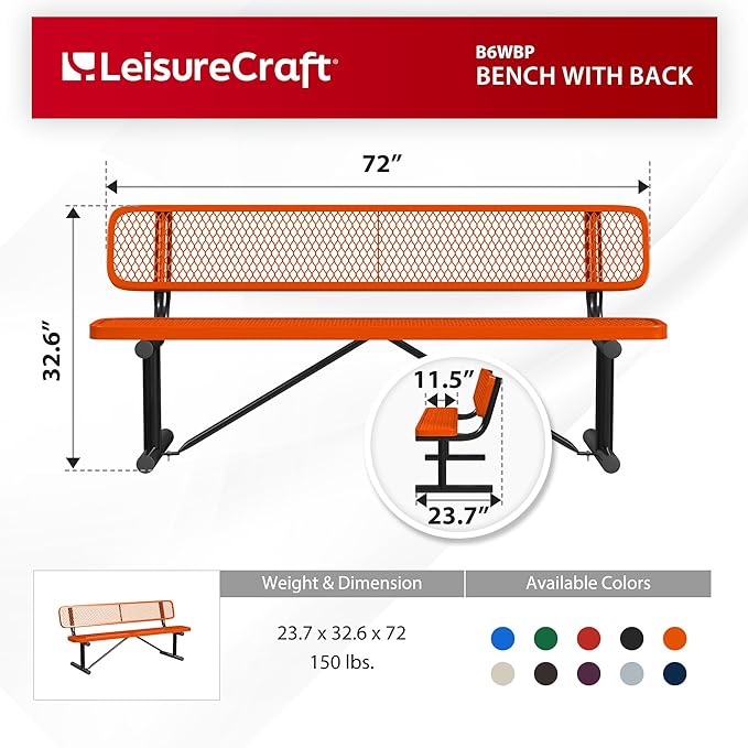Leisure Craft Metal Outdoor Bench with Back - 6 Foot Heavy Duty Bench Seating for Garden, Porch, Picnic, Park, Expanded Metal, Thermoplastic Coating, Commercial Grade Furniture Made in USA - Orange