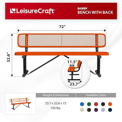 Leisure Craft Metal Outdoor Bench with Back - 6 Foot Heavy Duty Bench Seating for Garden, Porch, Picnic, Park, Expanded Metal, Thermoplastic Coating, Commercial Grade Furniture Made in USA - Orange