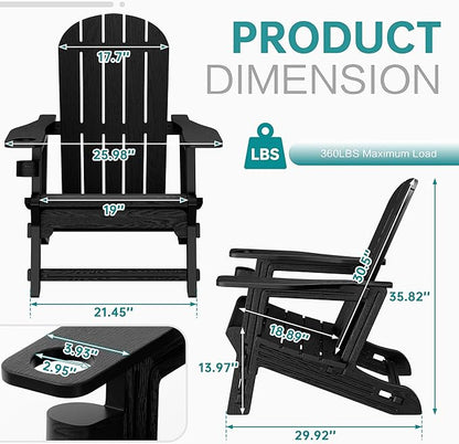 Shintenchi Adirondack Chairs Set of 2,HDPE Adirondack Chairs w/Removable Tablelop & Umbrella Hole,All-Weather Wooden Textured Plastic Outdoor Chairs w/Cup Holders for Garden Backyard Pool,Black