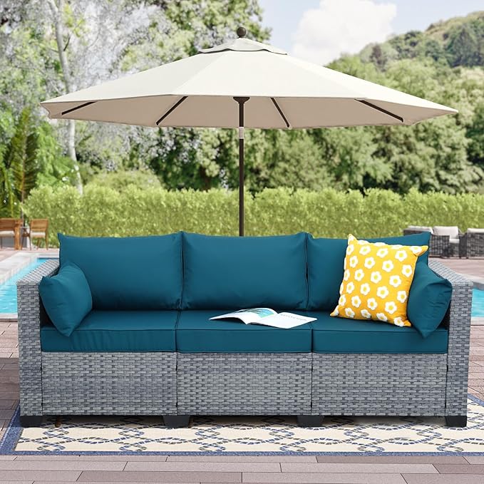 Outdoor Couch 3-seat Patio Sofa Outdoor Furniture Deep Seat High Backrest Patio Couch with Non-Slip Cushions and Waterproof Cover, Peacock Blue