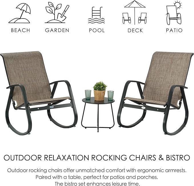 Kozyard Outdoor Patio Rocking Sling Chair, Powder Coated Aluminum Frame, Weather Resistant and Breathable Mesh Fabric for Patio, Porch, Yard, Garden (Beige, 2Chairs + Table)