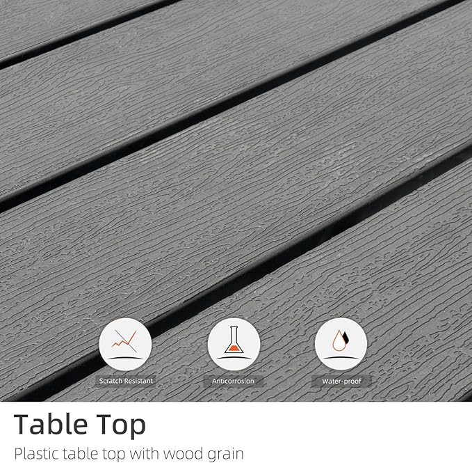 37" Plastic Top Square Patio Dining Table 3ft for 4 Person with Metal Steel Leg, Wood-Like Grain and Umbrella Hole, Outdoor Furniture - Black