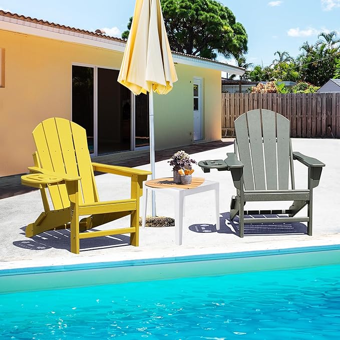 FOOWIN Folding Adirondack Chair Set of 2, HDPE Adirondack Chairs with Cup Holder, Weather Resistant Plastic Fire Pit Chairs for Outdoor, Patio, Lawn, Garden, Backyard, Deck, Yellow