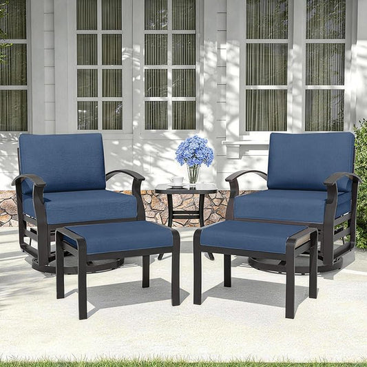 Kurapika 5 Pieces Patio Furniture Set, Outdoor Aluminum Swivel Gliders Rocker, Patio Bistro Set Rocking Chair with Thickened Cushions and Side Table(Navy Blue)