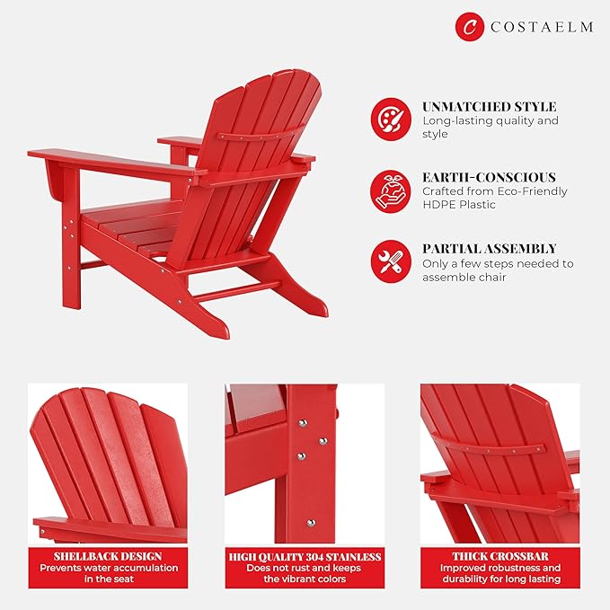 Costaelm Outdoor Adirondack Chair, HDPE Patio Chair, Weather Resistant Lawn Firepit Outside Chairs for Porch, Poolside - Photo 6
