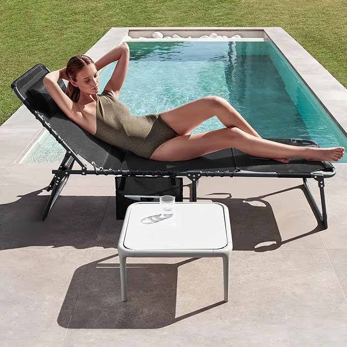 Greesum Chaise Lounge Folding Tanning Chair with 5 Position Adjustable Back, Detachable Pillow & Pocket for Outside Pool - Photo 4