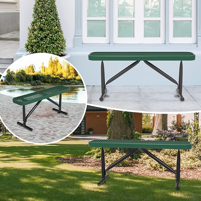 4 Feet Outdoor Steel Bench, Green Heavy Duty Metal Park Bench for Outside, Weatherproof Dock Bench, 48" L Commercial Benches Mesh Bench for Shopping Mall, Store, Lawn, Park, Patio, Deck, Garden