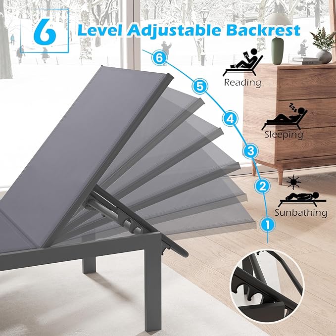 HAPPYGRILL Aluminum Chaise Lounge Chair, Heavy-Duty Patio Recliner W/ 6-Level Backrest & Breathable Fabric - Photo 4