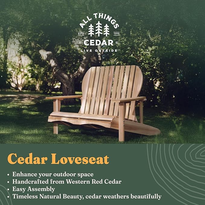All Things Cedar 54” Wooden Adirondack Loveseat Chair, Outdoor Patio Seating, Natural