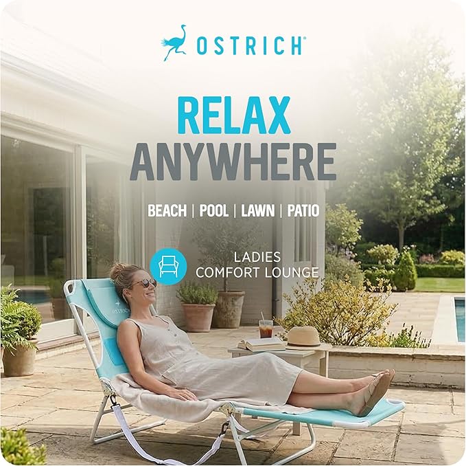 Ostrich the Ladies Comfort Lounger with Chest Support, Foldable and Portable Reclining Outdoor Patio Beach Lawn Camping Pool Tanning Chair, Aqua