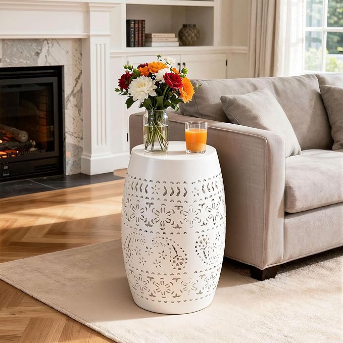 Large Outdoor Side Table, 18"H Modern Lace Cut-Out Metal End Table, Hollow Drum Coffee Table Planter Stand with No Assembly & Weather-Resistant,Decorative Garden Stool for Patio, Garden, Indoor