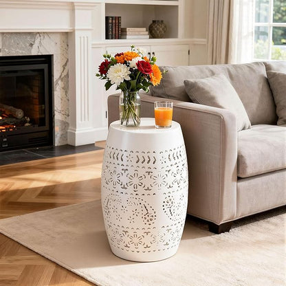 Large Outdoor Side Table, 18"H Modern Lace Cut-Out Metal End Table, Hollow Drum Coffee Table Planter Stand with No Assembly & Weather-Resistant,Decorative Garden Stool for Patio, Garden, Indoor
