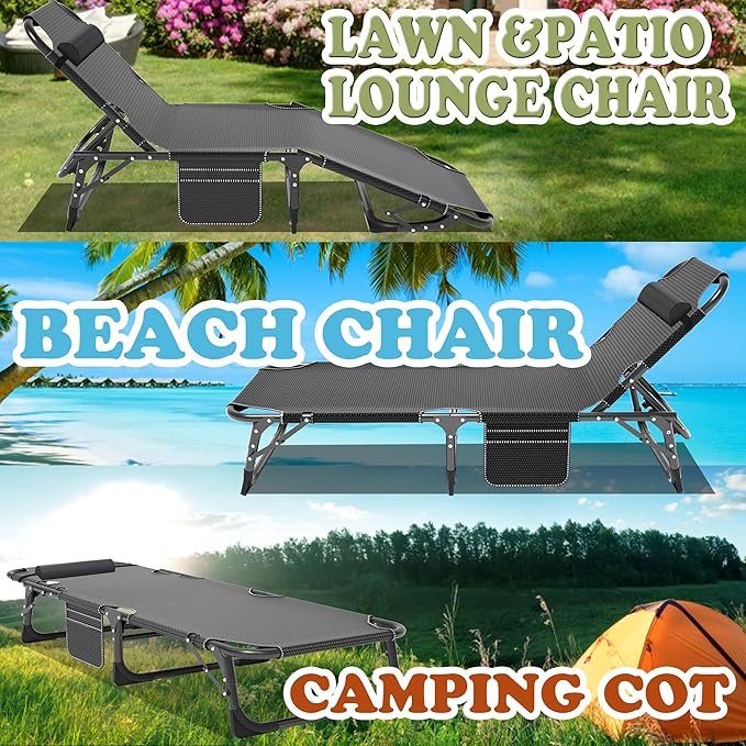 ABORON 3-in-1 Folding Patio Lounge Chair, 440LB Heavy-Duty Tri-Fold Guest Bed with Plush Cotton Cushion, No Assembly Adjustable Recliner for Office Nap, Patio Sunbathing, Poolside & Camping