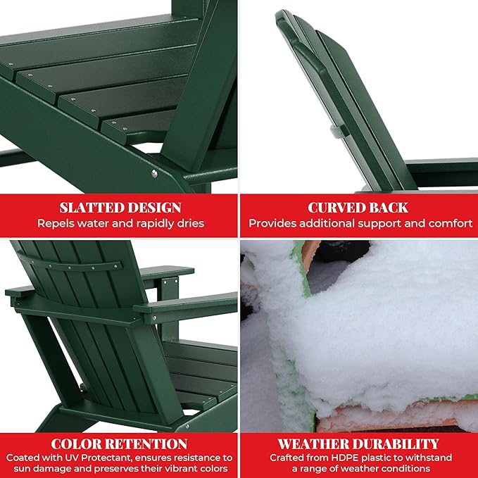 Costaelm Outdoor Adirondack Chair, HDPE Patio Chair, Weather Resistant Lawn Firepit Outside Chairs for Porch, Poolside, Garden, Backyard Deck, Dark Green