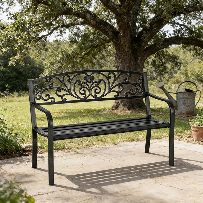 50" Metal Garden Benches for Outside, Front Porch Bench with Floral Pattern Backrest, Patio Yard Benches with Slatted Seat for Outdoors Park/Entryway/Backyard (Black)