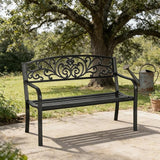 50" Metal Garden Benches for Outside, Front Porch Bench with Floral Pattern Backrest - Photo 7