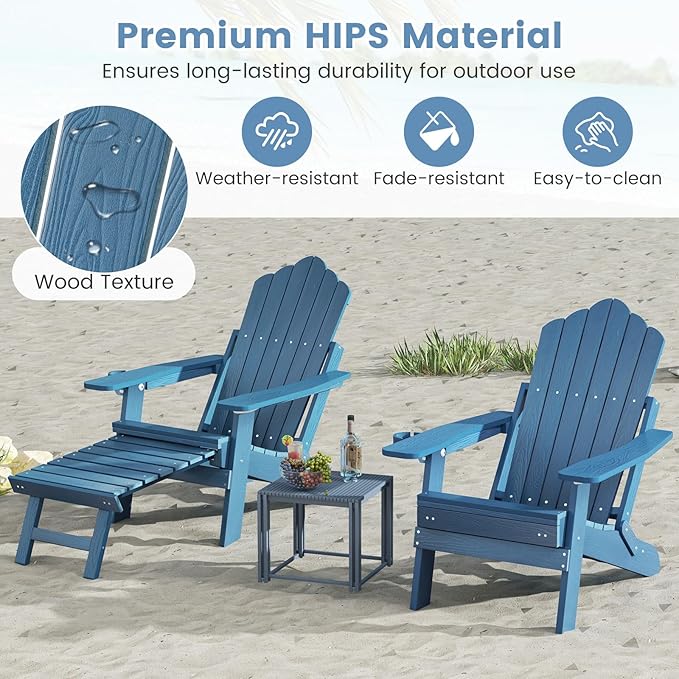 Giantex Folding Adirondack Chair, All-Weather Lounge Chair with Adjustable Backrest, Retractable Ottoman, Cup Holder, HIPS Fire Pit Chair for Lawn, Pool, Patio, Porch (1, Navy)