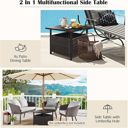 Nightcore Rattan Umbrella Side Table, Bistro Wicker Table with Storage Slot, Patio Umbrella Side Table Stand with 1.57" Umbrella Hole, Outdoor Leisure Coffee Table for Garden, Poolside, Deck