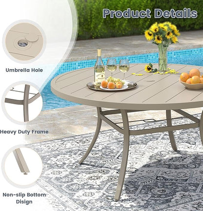 VICLLAX 53" Outdoor Round Patio Dining Table for 8, All Weather Metal Dining Table with Umbrella Hole for Deck Lawn Garden Backyard, Sandshell