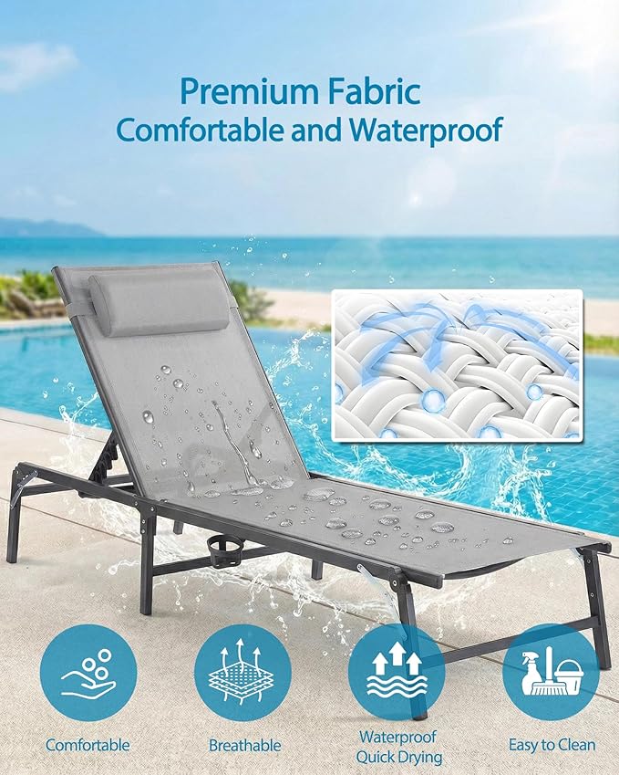 4 Pack Foldable Chaise Lounge Chair with Cup Holder - Photo 5
