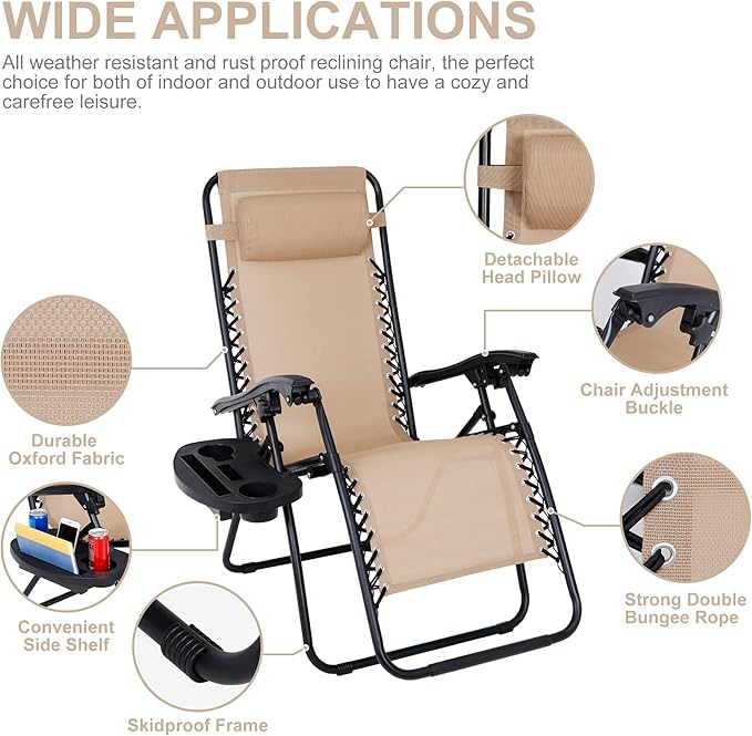 SUPER DEAL Zero Gravity Chair Set of 2 Folding Anti Gravity Recliner Outdoor Patio Beach Lounger Chair with Side Cup - Photo 4