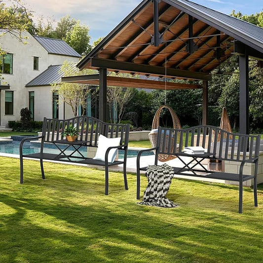 YLGJ&TIDY 50 Inches Patio Bench Outdoor Metal Bench with Stripe Pattern Backrest Armrest Rust-Resistant Pull-Out Table Outdoor Porch Benches for Garden Park Lawn Yard Front Porch (BENCH04 2PK)