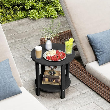 HDPE Outdoor Side Table for Patio, 18.1-Inch Weatherproof Small Outdoor Table for Adirondack, 2-Tier Round End Table for Garden Backyard Porch Deck Balcony Poolside, Black