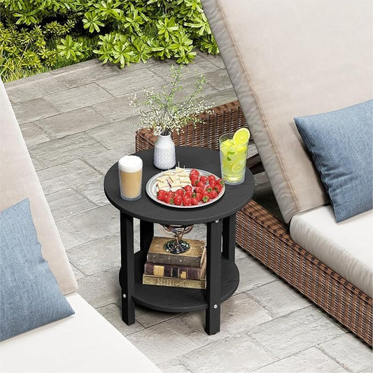 HDPE Outdoor Side Table for Patio, 18.1-Inch Weatherproof Small Outdoor Table for Adirondack, 2-Tier Round End Table for Garden Backyard Porch Deck Balcony Poolside, Black