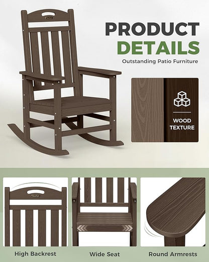 Oversized Outdoor Rocking Chair, HDPE All Weather Resistant Rocking Chairs for Patio, High Back Porch Rocker Chair, 380lbs Weight Capacity, Brown