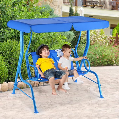 GLACER Porch Swing, Kids Patio Hammock w/Adjustable Canopy & Stand, Safety Belt, 2 Seats Outdoor Swing Bench, Metal Frame Hanging Lounge Chair, Swing Sets for Backyard, Garden, Poolside (Blue Puppy)