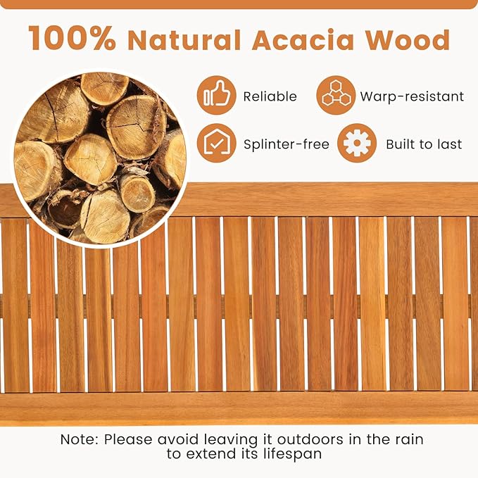 Tangkula Acacia Wood Outdoor Bench, 47" Patio Dining Bench with Slatted Seat, Backless Wooden Garden Bench, Farmhouse Furniture for Garden, Entryway, Poolside, Front Porch, Balcony, Park & Deck