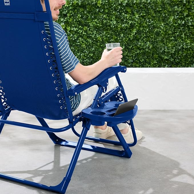 Best Choice Products Adjustable Zero Gravity Chair, Monochromatic Color Folding Patio Recliner w/Side Tray, Headrest - Marine