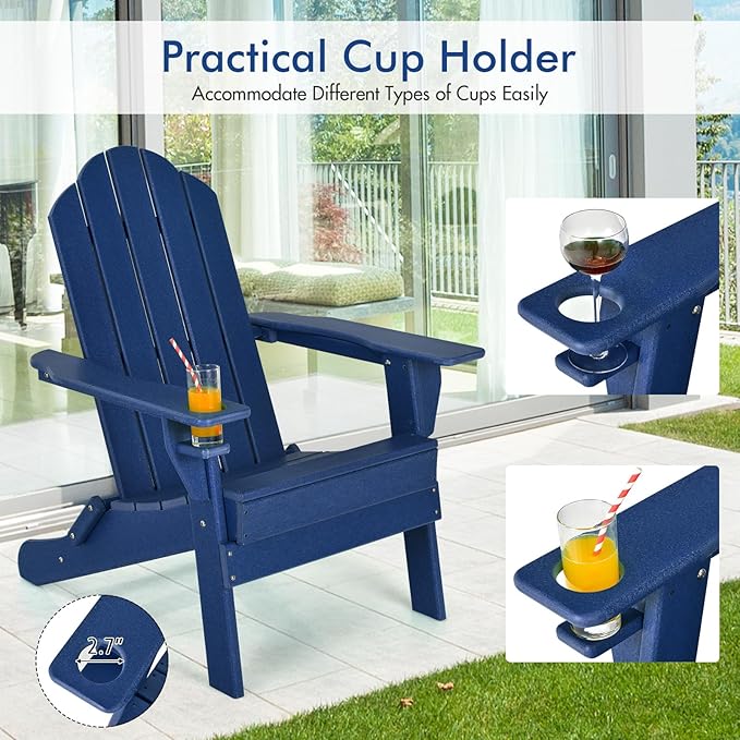 Giantex Adirondack Chair, Outdoor Folding Chairs, HDPE Weather Resistant Patio Chair with Built-in Cup Holder, Lawn Chair for Yard, Balcony, Deck, Outside, Campfire, Plastic Fire Pit Chair (1, Navy)
